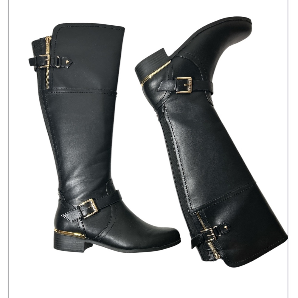Guess Women’s Black and Gold Tall Moto/Riding Boots
Size 6